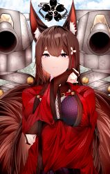Rule 34 | 1girl, absurdres, amagi (azur lane), animal ear fluff, animal ears, azur lane, breasts, bridal gauntlets, brown gloves, brown hair, brown tail, coat, fox ears, gloves, highres, japanese clothes, kimono, large breasts, long hair, looking at viewer, multiple tails, purple eyes, purple kimono, red coat, rigging, sakura empire (emblem), samip, solo, tail, upper body, wide sleeves