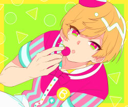 Rule 34 | 1623, 1boy, blonde hair, cherry, dankira!!!, food, fruit, green background, green eyes, holding, holding food, holding fruit, male focus, miki nozomu, mole, mole under eye, multicolored background, multicolored eyes, open mouth, pink eyes, short hair, short sleeves, solo, yellow background