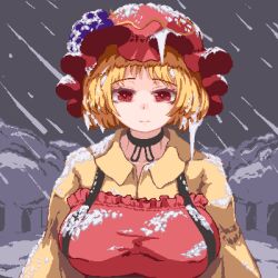 1girl aki_minoriko apron blonde_hair breasts closed_mouth collarbone food frills fruit fruit_hat_ornament grape_hat_ornament grapes hat husbant_(meme) looking_at_viewer meme mob_cap nukekip outdoors pixel_art red_apron red_eyes short_hair snow snow_on_body snow_on_head snow_on_headwear snowing solo touhou tree upper_body