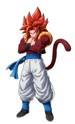 Rule 34 | 1boy, aura, black footwear, blue eyes, closed mouth, crossed arms, dragon ball, dragon ball fighterz, dragon ball gt, full body, fur, gogeta, highres, looking at viewer, male focus, metamoran vest, monkey tail, muscular, official art, pants, red hair, smile, solo, spiked hair, super saiyan, super saiyan 4, tail, transparent background