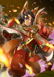 Rule 34 | 1girl, animal ears, armor, black hair, blue eyes, boots, bridal gauntlets, closed mouth, foreshortening, fox ears, fox mask, hand up, highres, holding, holding mask, holding sword, holding weapon, japanese armor, kagiyama (clave), knee up, kusazuri, looking at viewer, mask, naginata, original, polearm, puffy pants, solo, sparks, standing, sword, weapon