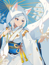 Rule 34 | 1girl, animal ear fluff, animal ears, azur lane, bell, blue eyes, breasts, commentary, fox ears, fox girl, fox tail, highres, hood, japanese clothes, kaga (azur lane), kaga (sacred blue lily) (azur lane), kimono, long sleeves, looking to the side, medium breasts, multiple tails, obi, obijime, official alternate costume, oil-paper umbrella, open mouth, origami, sash, shikigami, short hair, sidelocks, solo, tail, uchikake, umbrella, user jhtp4872, white hair, white kimono, wide sleeves