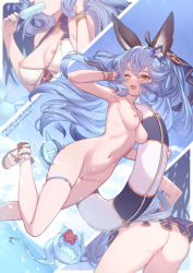 Rule 34 | 1girl, ;d, animal ear fluff, animal ears, arm up, armpits, artist name, ass, bare shoulders, bikini, bikini skirt, black skirt, blue flower, blue hair, blue nails, blue sky, blush, bracelet, breasts, cleavage, cleft of venus, collarbone, creature, dated, day, dutch angle, earrings, eating, erune, ferry (granblue fantasy), flower, food, granblue fantasy, groin, hair flower, hair ornament, hand in own hair, highres, holding, holding food, jewelry, leaning forward, leg up, lifebuoy, long hair, looking at viewer, medium breasts, multiple views, nail polish, nipple slip, nipples, nude, one eye closed, open mouth, outdoors, popsicle, pussy, sandals, single earring, skindentation, skirt, sky, smile, swim ring, swimsuit, thigh gap, thigh strap, upper body, very long hair, yellow eyes, yellowpaint.