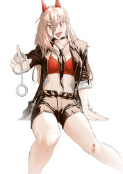 Rule 34 | 1girl, absurdres, bandages, blonde hair, breasts, chainsaw man, cross-shaped pupils, cuffs, eyebrows hidden by hair, hair between eyes, handcuffs, highres, holding, holding handcuffs, horns, jacket, looking at viewer, necktie, open mouth, orange eyes, power (chainsaw man), renxzd, shorts, simple background, sitting, smile, solo, stomach, symbol-shaped pupils, tongue, tongue out, underwear, white background