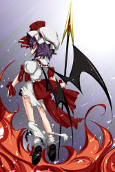 Rule 34 | 1girl, bad id, bad pixiv id, female focus, fire, full body, gradient background, hat, polearm, purple hair, red eyes, remilia scarlet, ribbon, short hair, solo, spear, spear the gungnir, torn clothes, touhou, weapon, wings, yumesato makura