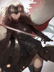 Rule 34 | 1girl, absurdres, ahoge, aito, breasts, cape, commentary request, evil grin, evil smile, fate/grand order, fate (series), gauntlets, grin, headpiece, highres, holding, holding sword, holding weapon, jeanne d&#039;arc (fate), jeanne d&#039;arc alter (avenger) (fate), jeanne d&#039;arc alter (fate), large breasts, looking at viewer, short hair, silver hair, smile, solo, sword, weapon, yellow eyes