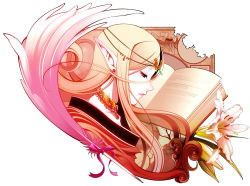 Rule 34 | 1girl, blonde hair, book, crown, elf, feathers, flower, hat, jewelry, jitome, lily (flower), map, necklace, pointy ears, profile, solo, tiara, white hair
