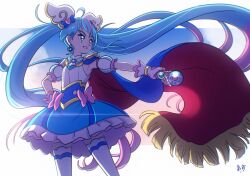 Rule 34 | 1girl, ahoge, backlighting, blue cape, blue dress, blue eyes, bow, brooch, cape, commentary, cure sky, cut bangs, detached sleeves, dress, earrings, fingerless gloves, frilled dress, frills, fringe trim, gloves, grin, hand on own hip, highres, hirogaru sky! precure, holding, jewelry, long hair, looking to the side, magical girl, multicolored hair, pink bow, pink hair, precure, puffy detached sleeves, puffy sleeves, red cape, single sidelock, sky mirage, sleeveless, sleeveless dress, smile, solo, sora harewataru, standing, streaked hair, thighhighs, twintails, two-sided cape, two-sided fabric, very long hair, white gloves, white thighhighs, wind, wing hair ornament, zerolay