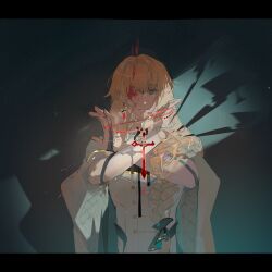 Rule 34 | 1boy, aqua background, black border, black ribbon, blonde hair, blood, blood on face, blue eyes, border, braid, bridal gauntlets, closed mouth, cross, cross necklace, crossed arms, earrings, frown, hair between eyes, hair over shoulder, hair ribbon, highres, holding, holding jewelry, holding necklace, jewelry, letterboxed, long hair, looking at viewer, lucas proust, male focus, necklace, one eye covered, pulling, ribbon, robe, rosary, shadow, shuuen no virche, single braid, sleeves past elbows, solo, straight-on, unworn jewelry, unworn necklace, upper body, white bridal gauntlets, white robe, wide sleeves, xixun