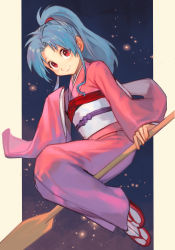 Rule 34 | 1girl, blue hair, botan (yu yu hakusho), breasts, closed mouth, flying, full body, hair intakes, hungry clicker, japanese clothes, kimono, long hair, long sleeves, looking at viewer, oar, object riding, ponytail, red eyes, sandals, simple background, sitting, sitting on object, smile, solo, yuu yuu hakusho