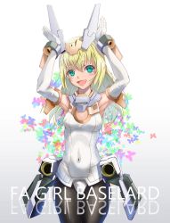 Rule 34 | 1girl, animal print, armpits, arms up, baselard, blonde hair, blue eyes, bodysuit, breasts, butterfly print, character name, cleavage, copyright name, covered navel, frame arms girl, highres, long hair, mecha musume, medium breasts, misenouchi, pantyhose, rabbit pose, smile, solo, white background