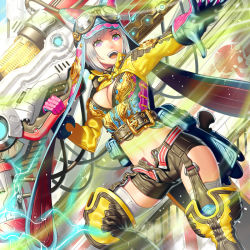 Rule 34 | 1girl, :d, belt pouch, boots, cropped jacket, gloves, gun, holding, holding gun, holding weapon, huge weapon, knee boots, long sleeves, looking at viewer, navel, ogino (oginogino), open mouth, original, over shoulder, pink eyes, pouch, short shorts, shorts, silver hair, smile, solo, stomach, swept bangs, teeth, thighhighs, thighhighs under boots, unbuttoned, upper teeth only, weapon, weapon over shoulder, white thighhighs