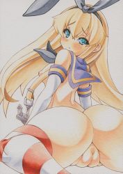 Rule 34 | 10s, 1girl, alternate eye color, anchor hair ornament, aqua eyes, ass, blonde hair, blush, breasts, cameltoe, elbow gloves, fat mons, gloves, hair ornament, hairband, kantai collection, long hair, looking at viewer, looking back, marker (medium), millipen (medium), nipples, personification, puffy nipples, pussy, shimakaze (kancolle), simple background, small breasts, solo, traditional media, uncensored, white background, yutakasan-love