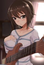 Rule 34 | &gt;:(, 10s, 1girl, bad id, bad pixiv id, blurry, blurry background, blush, breast rest, breasts, brown eyes, brown hair, buttons, closed mouth, collarbone, curtains, depth of field, electric guitar, frown, girls und panzer, guitar, hand on own breast, hand on own chest, highres, holding, holding instrument, indoors, instant (ioarthus), instrument, large breasts, long sleeves, looking at viewer, nishizumi maho, pajamas, room, serious, short hair, solo, sweater, upper body, v-shaped eyebrows, window