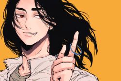 Rule 34 | 1boy, alt 9774, baji keisuke, black hair, fang, forehead, grey shirt, hairband, unworn hairband, hand up, highres, jacket, long hair, looking away, male focus, parted bangs, parted lips, portrait, red eyes, shirt, simple background, sketch, smile, solo, tokyo revengers, tsurime, white jacket, yellow background