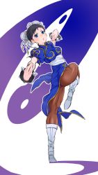 Rule 34 | 1girl, absurdres, black hair, blue dress, blue eyes, blush, boots, bracelet, breasts, brown pantyhose, bun cover, capcom, china dress, chinese clothes, chun-li, double bun, dress, full body, hair bun, hands up, highres, jewelry, leg up, looking at viewer, medium breasts, miyoshi yoshimi, outline, pantyhose, puffy short sleeves, puffy sleeves, short sleeves, solo, spiked bracelet, spikes, standing, street fighter, white footwear, white outline
