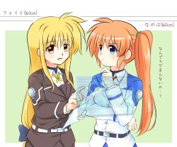 Rule 34 | 2girls, angry, blonde hair, blouse, blue eyes, blush, collared shirt, computer, couple, fate testarossa, green background, height conscious, height difference, jealous, kerorokjy, long hair, looking at another, lyrical nanoha, mahou shoujo lyrical nanoha, mahou shoujo lyrical nanoha strikers, military, military uniform, multiple girls, orange hair, pout, red eyes, shirt, side ponytail, simple background, smile, takamachi nanoha, translation request, tsab air military uniform, tsab ground military uniform, uniform, very long hair, white shirt, yuri