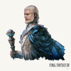 Rule 34 | 1boy, absurdres, beard, blonde hair, blue cape, cape, copyright name, cropped torso, facial hair, final fantasy, final fantasy xvi, from side, highres, holding, holding scepter, mature male, mustache, official art, scepter, shirt, short hair, simple background, solo, standing, sylvestre lesage, takahashi kazuya, upper body, white background, white shirt