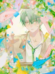 Rule 34 | 1boy, bishounen, blurry, blush, byuey, collared shirt, depth of field, dropping, flower, green eyes, green hair, green necktie, green theme, hair between eyes, heart, highres, letter, love letter, male focus, necktie, original, outstretched hand, shirt, solo