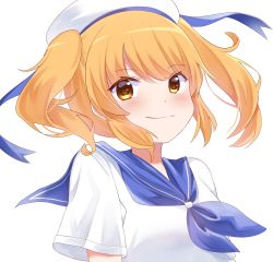 Rule 34 | 1girl, blonde hair, blue neckerchief, blue sailor collar, blush, closed mouth, commentary request, happy, hat, highres, kitashirakawa chiyuri, medium hair, milll 77, neckerchief, sailor, sailor collar, sailor hat, sailor shirt, shirt, short sleeves, simple background, smile, solo, touhou, touhou (pc-98), twintails, two side up, uniform, upper body, white background, white hat, white shirt, yellow eyes