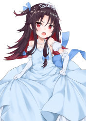 Rule 34 | 10s, 1girl, absurdres, bare shoulders, blue bow, blue dress, blue ribbon, blush, bow, brown hair, collarbone, commentary request, detached sleeves, dress, elbow gloves, gloves, gradient hair, hair between eyes, hair bow, hair ribbon, hashiko nowoto, head tilt, highres, jewelry, long hair, looking at viewer, multicolored hair, necklace, one side up, open mouth, pearl necklace, puffy short sleeves, puffy sleeves, red eyes, red hair, ribbon, ryuuou no oshigoto!, short sleeves, sidelocks, simple background, sleeveless, sleeveless dress, solo, tiara, very long hair, white background, white gloves, yashajin ai