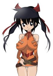 Rule 34 | 00s, 1girl, bare shoulders, belt, black eyes, black hair, breasts, covered erect nipples, detached sleeves, female focus, final fantasy, final fantasy unlimited, highres, kageneko, large breasts, lisa pacifist, long hair, ponytail, red ribbon, ribbon, simple background, solo, white background