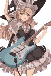 Rule 34 | 1girl, arm up, black hat, blush, bow, brown hair, frills, green eyes, grey bow, guitar, hair between eyes, hair bow, hat, highres, holding, holding instrument, instrument, kirisame marisa, light brown hair, long hair, mayuree, open mouth, puffy sleeves, simple background, solo, touhou, white background