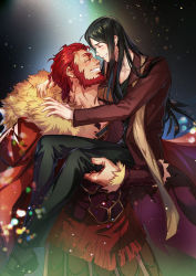 Rule 34 | 2boys, armor, beard, black hair, blush, cape, carrying, closed eyes, facial hair, fate/zero, fate (series), fur-trimmed cape, fur trim, happy, highres, iskandar (fate), long coat, long hair, lord el-melloi ii, male focus, multiple boys, nine-year, red hair, shoulder carry, sitting, sitting on arm, sitting on person, stole, time paradox, waver velvet