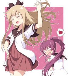 Rule 34 | 2girls, :d, ahoge, arm up, black sailor collar, blank eyes, blonde hair, blush, border, bow, brown bow, closed eyes, collarbone, commentary request, dress, floating hair, hair bow, hand on own hip, heart, highres, long hair, looking at another, looking back, multiple girls, nanamori school uniform, open mouth, outline, outside border, pink background, pleated dress, pontasu, ponytail, purple hair, red dress, revision, sailor collar, school uniform, shirt, short sleeves, smile, sparkle, sparkle background, speech bubble, split mouth, spoken heart, standing, sugiura ayano, toshinou kyouko, v-shaped eyebrows, very long hair, white border, white outline, white shirt, yuru yuri