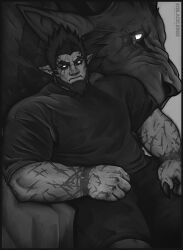 Rule 34 | 1boy, bara, beard, black sclera, black theme, brusi (iixblacklionxii), colored sclera, couch, demon, demon boy, facial hair, fingernails, glowing, glowing eyes, highres, iixblacklionxii, large hands, large pectorals, looking at viewer, male focus, mature male, monster, muscular, muscular male, on couch, original, pectorals, pointy ears, scar, scar on arm, sharp fingernails, short hair, sitting, solo, spiked hair, spot color, thick arms, thick eyebrows, yellow eyes