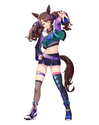 Rule 34 | 1girl, absurdres, animal ears, asymmetrical footwear, asymmetrical legwear, belt, black footwear, boots, bow, breasts, brown hair, crop top, ddolliddoll, full body, hand on own hip, highres, horse ears, horse girl, horse tail, jacket, long hair, looking at viewer, midriff, mismatched footwear, mismatched legwear, navel, one eye closed, open mouth, purple belt, shoes, shorts, simple background, skirt, smile, solo, standing, tail, thighhighs, tosen jordan (umamusume), twintails, umamusume, v, white background