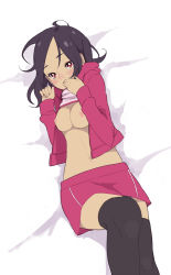 Rule 34 | 00s, 1girl, black hair, black thighhighs, blush, breasts, clothes lift, covering face, covering own mouth, covering privates, embarrassed, eyelashes, fresh precure!, higashi setsuna, hood, hoodie, lying, midriff, miniskirt, nipples, on back, precure, red eyes, shirt lift, skirt, solo, thighhighs, ukokkei, zettai ryouiki
