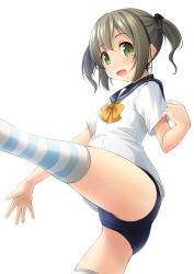 Rule 34 | 1girl, blue one-piece swimsuit, blue sailor collar, bow, bowtie, green eyes, grey hair, grey thighhighs, highres, looking at viewer, no pants, one-piece swimsuit, open mouth, original, sailor collar, school swimsuit, school uniform, serafuku, shibacha (shibacha 0728), short hair, short sleeves, simple background, smile, solo, standing, standing on one leg, striped clothes, striped thighhighs, swimsuit, swimsuit under clothes, thighhighs, twintails, uniform, white background, white stripes, yellow bow, yellow bowtie