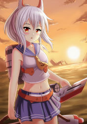 Rule 34 | 1girl, anchor symbol, animal ears, ayanami (azur lane), azur lane, bare arms, blue skirt, cloud, collarbone, commentary request, hair between eyes, high ponytail, highres, holding, holding sword, holding weapon, horizon, long hair, looking at viewer, machinery, neckerchief, ocean, orange eyes, outdoors, parted lips, pleated skirt, ponytail, prophosphere, school uniform, searchlight, serafuku, shirt, silver hair, skirt, sky, sleeveless, sleeveless shirt, solo, sun, sunset, sword, water, weapon, white shirt, yellow neckerchief, yellow sky