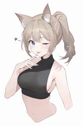 Rule 34 | 1girl, ;), ;3, ;p, animal ear fluff, animal ears, bare arms, bare shoulders, black shirt, blue eyes, brown hair, cat ears, character request, commentary request, crop top, cropped torso, final fantasy, final fantasy xiv, highres, long hair, looking at viewer, midriff, navel, one eye closed, ponytail, revision, shirt, sidelocks, simple background, sleeveless, sleeveless shirt, sleeveless turtleneck, smile, solo, soybean (hisoybean), stomach, tongue, tongue out, turtleneck, upper body, white background