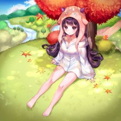 Rule 34 | 1girl, absurdres, bad id, bad pixiv id, bare shoulders, black hair, blush, bottomless, breasts, cleavage, collarbone, commentary request, curly hair, highres, large breasts, long hair, long sleeves, maplestory, outdoors, purple eyes, red eyes, shirt, sitting, sleeves past wrists, tree, white shirt, yam (dr yammy)