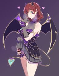 Rule 34 | 10s, 1girl, alternate hairstyle, bar censor, bare shoulders, blue eyes, breasts, brown hair, censored, cleavage, clothes lift, demon girl, demon horns, demon tail, demon wings, dress, dress lift, earrings, emma verde, erection, futanari, gloves, gradient background, heart, heart tattoo, highres, horns, jewelry, large breasts, large penis, licking lips, long hair, looking at viewer, love live!, love live! nijigasaki high school idol club, monowe, necklace, no testicles, penis, purple background, pussy, simple background, smile, solo, standing, tail, tattoo, tongue, tongue out, veins, veiny penis, wings