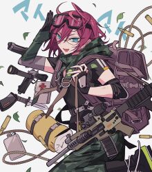 Rule 34 | 1boy, :d, absurdres, ahoge, arm up, assault rifle, backpack, bag, black footwear, black gloves, black shirt, blue eyes, boots, bullet, camouflage, camouflage pants, canteen, commentary request, cross, ensemble stars!, fingerless gloves, glasses, gloves, goggles, goggles on head, gun, hair between eyes, hand up, handgun, highres, hood, hood down, jacket, knife, leaf, looking at viewer, male focus, meremero, open mouth, pants, purple hair, rifle, rope, saegusa ibara, shirt, short hair, short sleeves, simple background, sleeping bag, smile, solo, standing, standing on one leg, translation request, weapon, white background