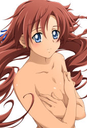 Rule 34 | 00s, 1girl, asymmetrical hair, blue eyes, blush, breast hold, breasts, brown hair, covering privates, earrings, el cazador de la bruja, flat chest, hair ornament, highres, jewelry, long hair, mexico, nadie, nude, nude cover, red hair, saipaco, smile, solo