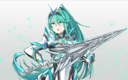 Rule 34 | 1girl, chest jewel, earrings, gloves, gradient background, green eyes, green hair, grey background, highres, holding, holding sword, holding weapon, jewelry, long hair, pneuma (xenoblade), ponytail, sarasadou dan, spoilers, swept bangs, sword, tiara, upper body, very long hair, weapon, white background, xenoblade chronicles (series), xenoblade chronicles 2