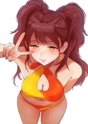 Rule 34 | 1girl, absurdres, bare shoulders, bikini, breasts, brown eyes, brown hair, cleavage, cleavage cutout, clothing cutout, earrings, highres, jewelry, kujikawa rise, leaning forward, looking at viewer, medium breasts, n7grey, persona, persona 4, smile, solo, sweat, swimsuit, twintails, v, white background