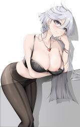 Rule 34 | 1921494015, 1girl, absurdres, alternate breast size, arm under breasts, bangle, bare arms, bare shoulders, black bra, black pantyhose, blunt ends, bow, bow bra, bra, bracelet, breast hold, breasts, cheek rest, cleavage, earrings, feet out of frame, grey background, grey eyes, grey hair, grin, gundam, gundam suisei no majo, hair between eyes, hand on own face, highres, jewelry, lactation, large breasts, leaning forward, long hair, looking at viewer, midriff, miorine rembran, necklace, nipple slip, nipples, pantyhose, parted lips, seamed legwear, smile, solo, strap slip, stud earrings, teeth, thighs, two-tone background, underwear, white background