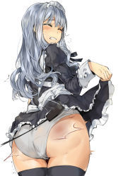 Rule 34 | 1girl, ass, black thighhighs, clenched teeth, clothes lift, dress, dress lift, idolmaster, idolmaster (classic), long hair, looking at viewer, maid, maid headdress, panties, riding crop, shijou takane, silver hair, simple background, skirt, skirt lift, solo, spanked, spanking, tears, teeth, thighhighs, tuxedo de cat, underwear, white background, white panties