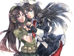 Rule 34 | 2girls, belt pouch, black gloves, black hair, blue eyes, bow, brown hair, camouflage, camouflage skirt, commentary request, drill hair, drill sidelocks, ear protection, face-to-face, fingerless gloves, girls&#039; frontline, gloves, hair bow, hair ribbon, highres, holding hands, howa type 64 (girls&#039; frontline), interlocked fingers, kei (nvew8238), long hair, long sleeves, multiple girls, name connection, necktie, open collar, pantyhose, pouch, red eyes, red legwear, red neckwear, ribbon, short sleeves, sidelocks, skirt, sleeves rolled up, type 64 (girls&#039; frontline), white background, white ribbon