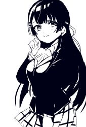 Rule 34 | 1girl, bow, bowtie, clenched hand, closed mouth, collared jacket, collared shirt, commentary request, hair ribbon, hanada hyou, hand on lap, hand on own chin, highres, jacket, layered sleeves, long hair, long sleeves, looking at viewer, miniskirt, monochrome, nijisanji, plaid, plaid skirt, ribbon, school uniform, shirt, skirt, smile, straight hair, tsukino mito, tsukino mito (1st costume), virtual youtuber, white background