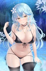 Rule 34 | 1girl, absurdres, ahoge, bikini, black bikini, black choker, black thighhighs, blue hair, blush, braid, breasts, choker, cleavage, colored tips, curvy, elf, flower, front-tie bikini top, front-tie top, hair between eyes, hair flower, hair ornament, head tilt, heart, heart ahoge, highres, hololive, jewelry, large breasts, leaning forward, long hair, looking at viewer, multicolored hair, navel, necklace, parted lips, pointy ears, pulling own clothes, side-tie bikini bottom, snowflake hair ornament, solo, standing, stomach, strap pull, streaked hair, string bikini, swimsuit, thigh squish, thighhighs, thighhighs pull, thighs, tojo aoi, very long hair, virtual youtuber, wading, water, wet, white flower, yellow eyes, yukihana lamy