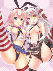 Rule 34 | 10s, 2girls, :o, amatsukaze (kancolle), bare shoulders, black panties, blonde hair, breasts, breasts out, cameltoe, chestnut mouth, choker, cowboy shot, elbow gloves, fang, garter straps, gloves, hair between eyes, hair ribbon, hair tubes, highleg, highleg panties, highres, kantai collection, lace, lace-trimmed panties, lace trim, leg up, long hair, looking at viewer, microskirt, multiple girls, navel, nipples, panties, pinky out, polka dot, polka dot background, ribbon, school uniform, see-through, serafuku, shimakaze (kancolle), side-tie panties, silver hair, skirt, small breasts, striped clothes, striped legwear, striped thighhighs, sweat, thighhighs, thong, tsukumokazuki, two side up, underwear, very long hair, wedgie, white gloves, yellow eyes