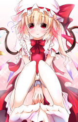 Rule 34 | 1girl, ?, between legs, blonde hair, blush, dress, feet, flandre scarlet, hand between legs, hat, hat ribbon, highres, mob cap, nagii yuki, puffy sleeves, red dress, red eyes, ribbon, shirt, short sleeves, side ponytail, sitting, smile, solo, soulhunter en, sparkle, thighhighs, touhou, v arms, white thighhighs, wings, wrist cuffs
