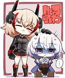 Rule 34 | ..., 2girls, azur lane, black dress, black skirt, blonde hair, border, buttons, chibi, closed eyes, closed mouth, commentary request, dress, false smile, gauntlets, hand on another&#039;s head, headgear, highres, kado (hametunoasioto), multicolored hair, multiple girls, nervous, nervous smile, nervous sweating, outside border, pleated skirt, purple eyes, red hair, roon (azur lane), san jacinto (azur lane), shaded face, short hair, sitting, skirt, smile, speech bubble, standing, streaked hair, sweat, translation request, white border, white hair