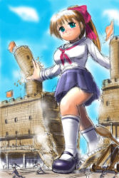 Rule 34 | breasts, brown hair, castle, catapult, collapsing, fleeing, giant, giantess, gox, large breasts, ponytail, ribbon, school uniform, size difference, smile